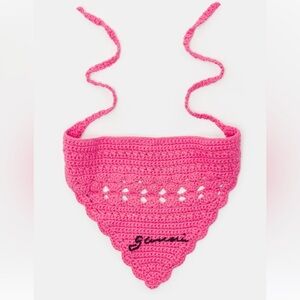 NWT Ganni Pink Crochet Knit Bandana Shocking Pink Logo Brand New